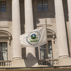 A flag in front of the EPA headquarters