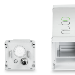 A Nubo Sphere methane sensor cartridge next to the sensor node